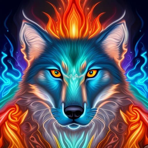 Glowing Blue Ghost Wolf in Rainbow Fire