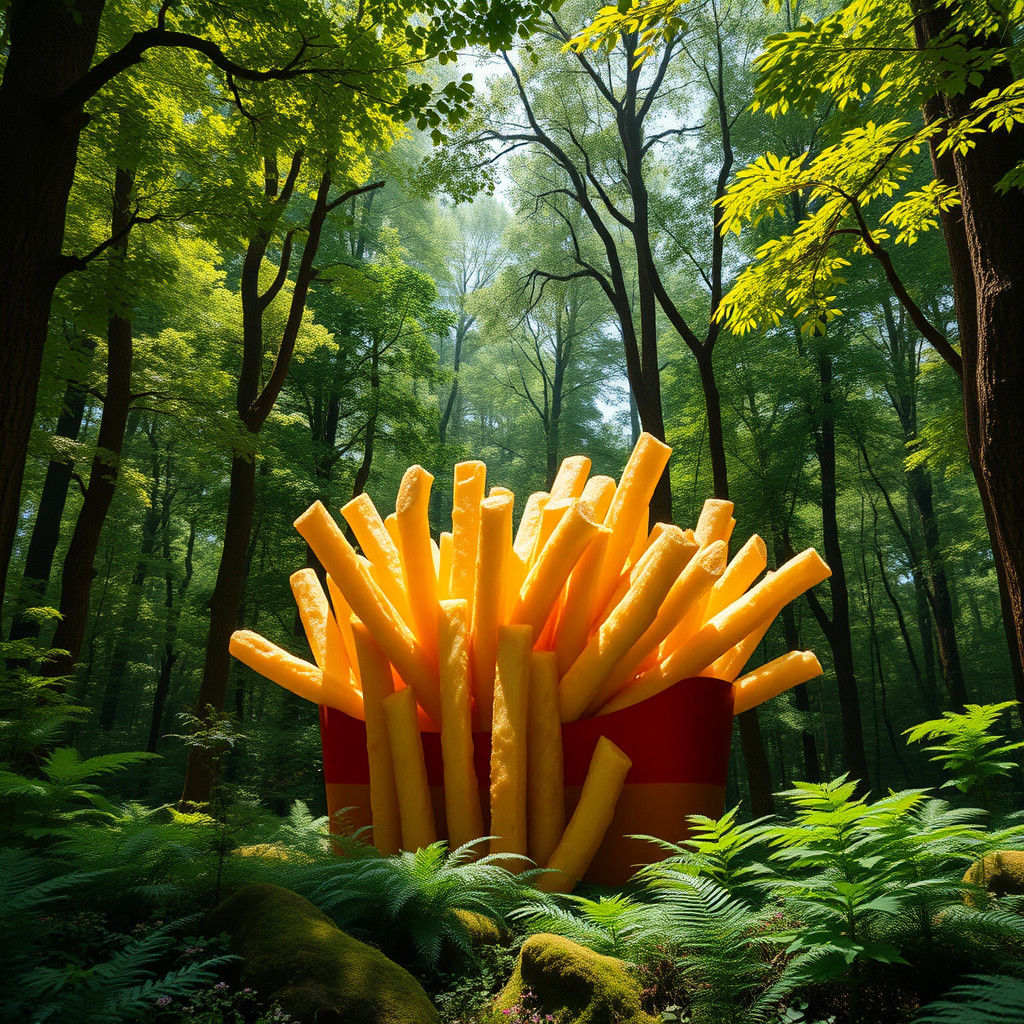 Giant Fries in Forest, Hyperrealistic Digital Art