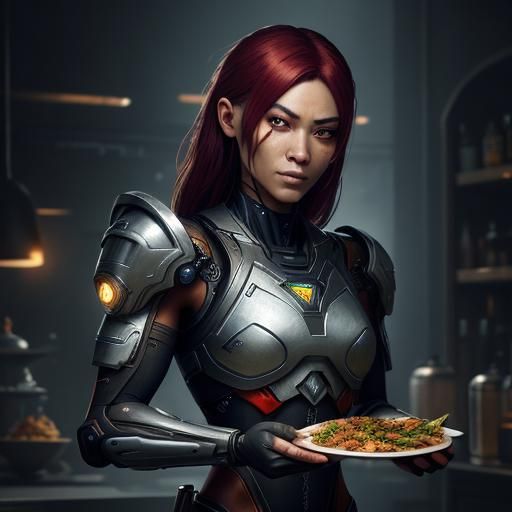 Cyborg Waitress Serving Food, Detailed Fantasy Art