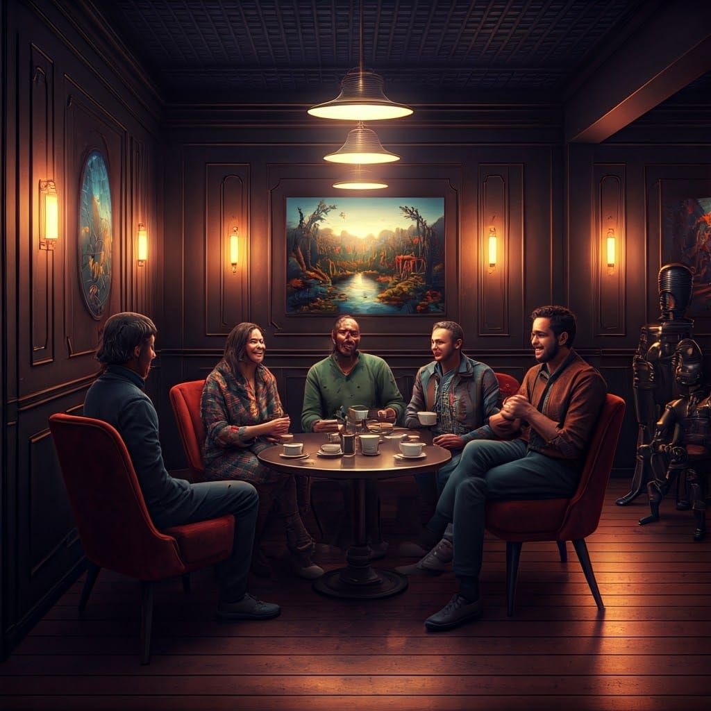 Cozy European Café Atmosphere in a Futuristic NightCafe Stud...