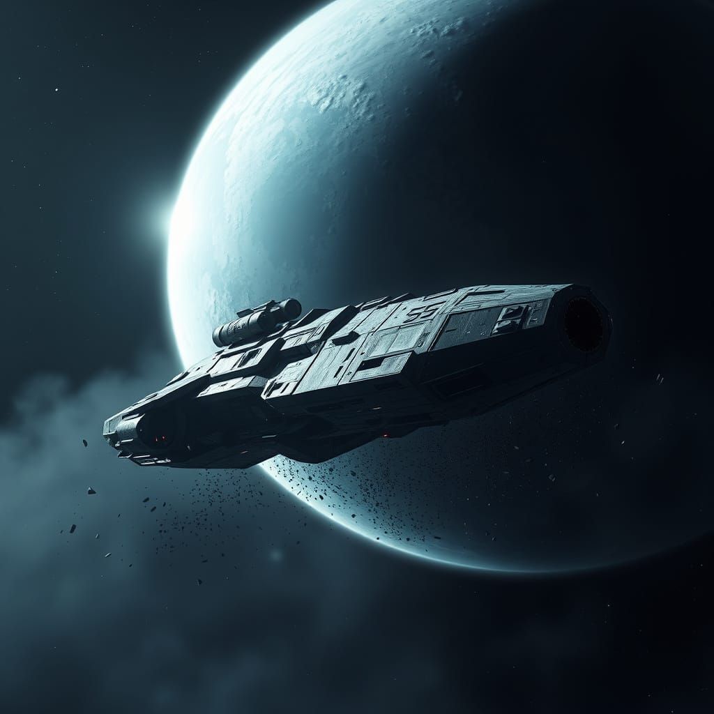 Eerie Ghost Ship motionless in orbit with a debris field