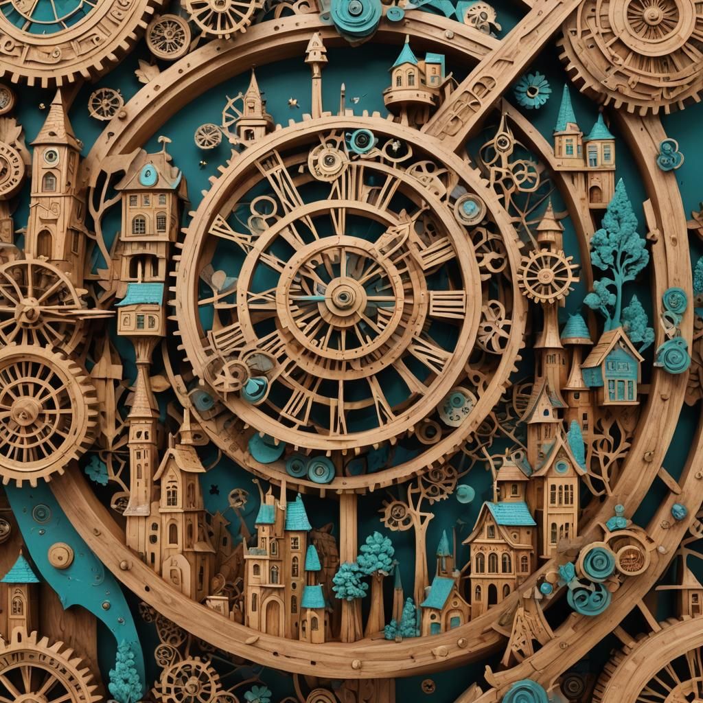 Mystical Wooden Sculpture with Miniature Buildings