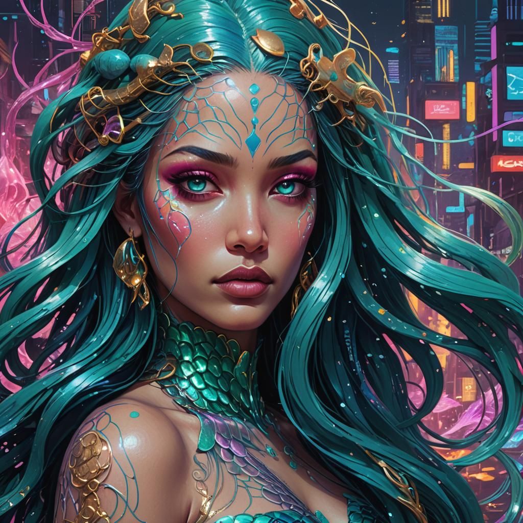 Cyberpunk Mermaid in Neon Underwater Cityscape