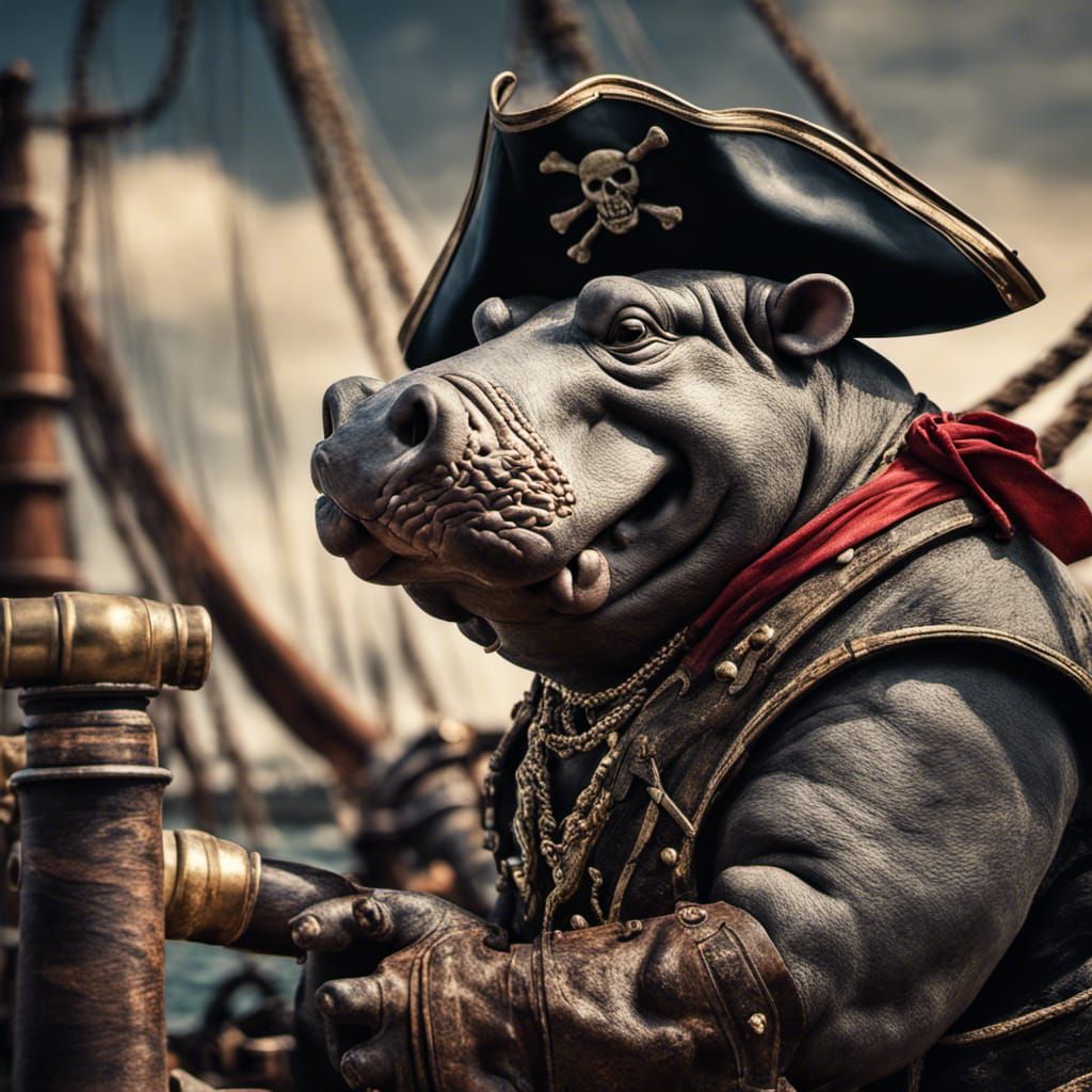 Pirate Hippo with Cannon on Ship: Hyperrealistic Image