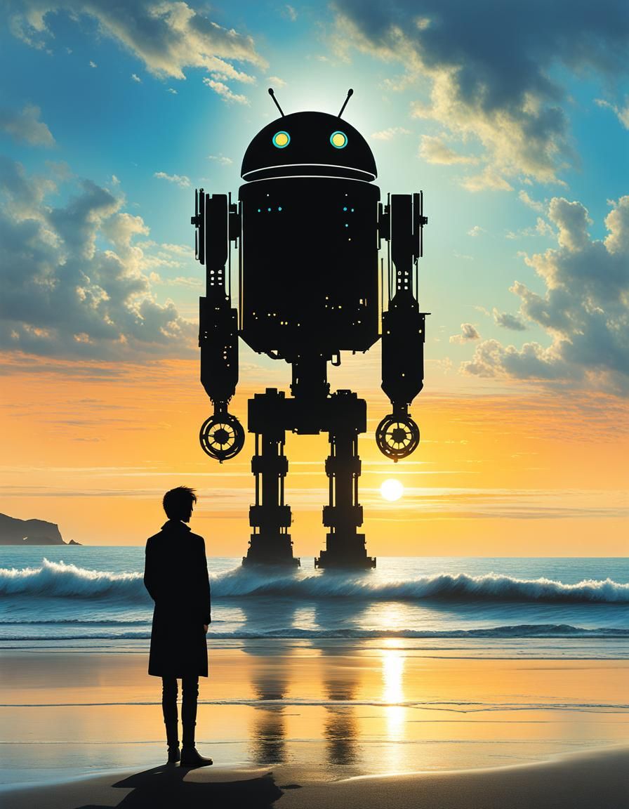 Android Silhouette Gazing at Dreamy Landscape