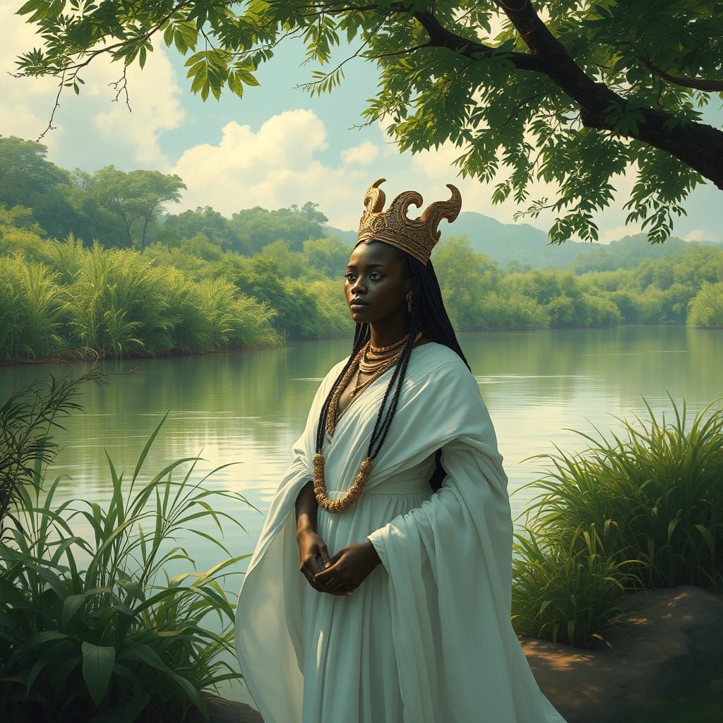 Ethereal Goddess of the River in Lush Green Landscape
