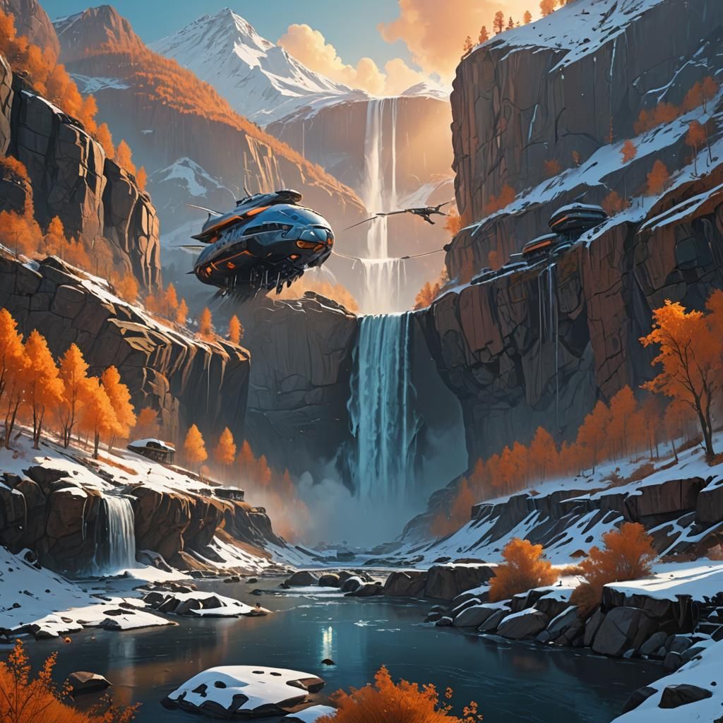 Futuristic Spacecraft Overlooking Snowy Mountain Waterfall