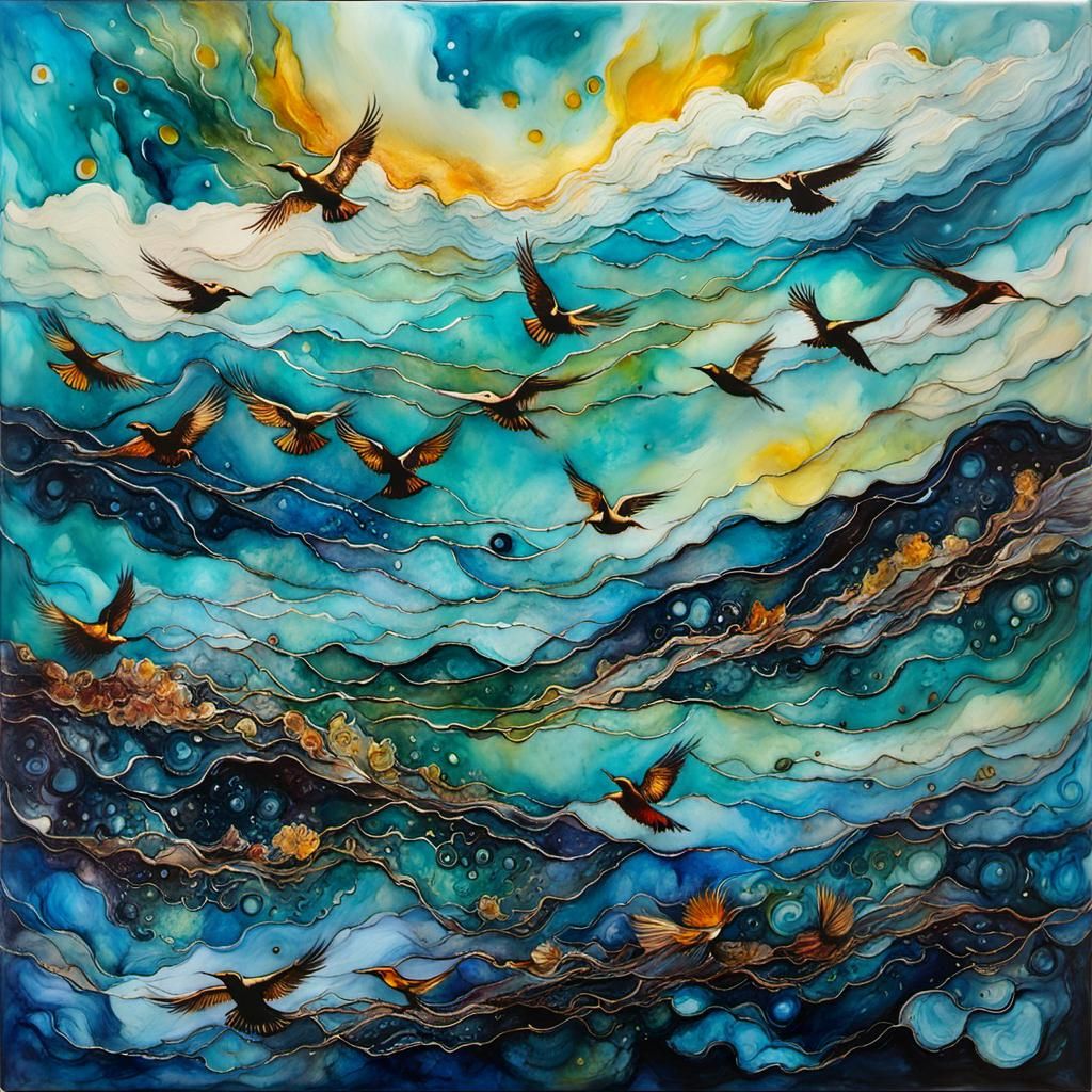 Encaustic Birds Soaring in Colorful Skies