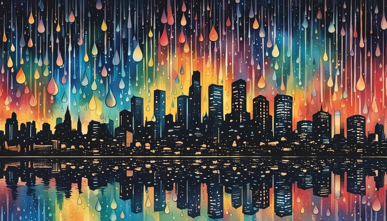 Reflective Raindrops Over Cityscape in Colored Ink