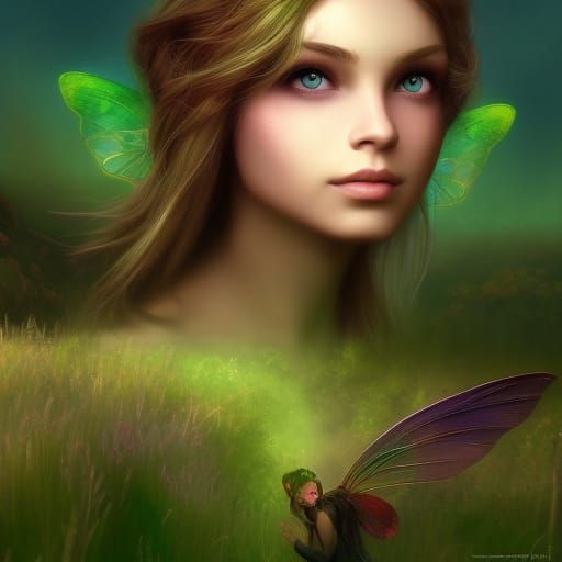 Fairy Portrait with Green Eyes in Turner Landscape