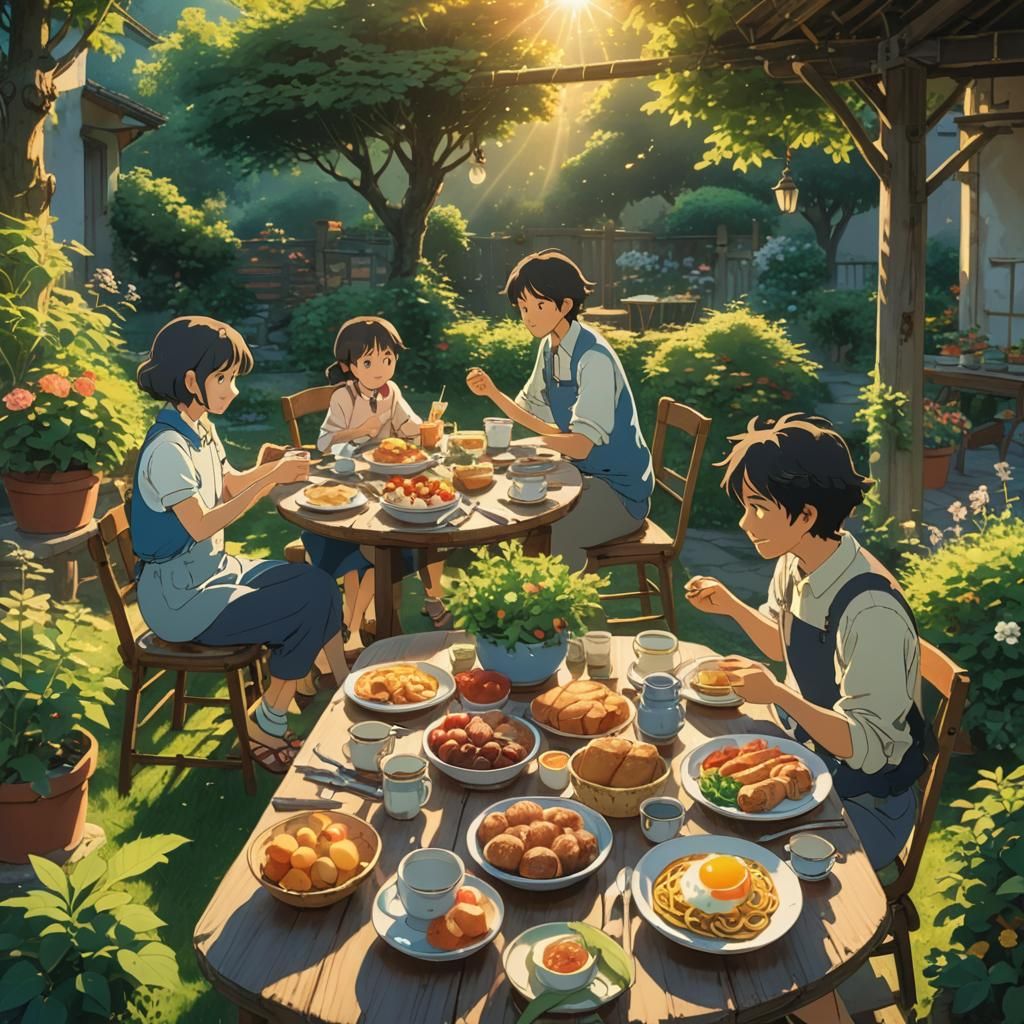 Italian Family Breakfast in Ghibli Anime Style