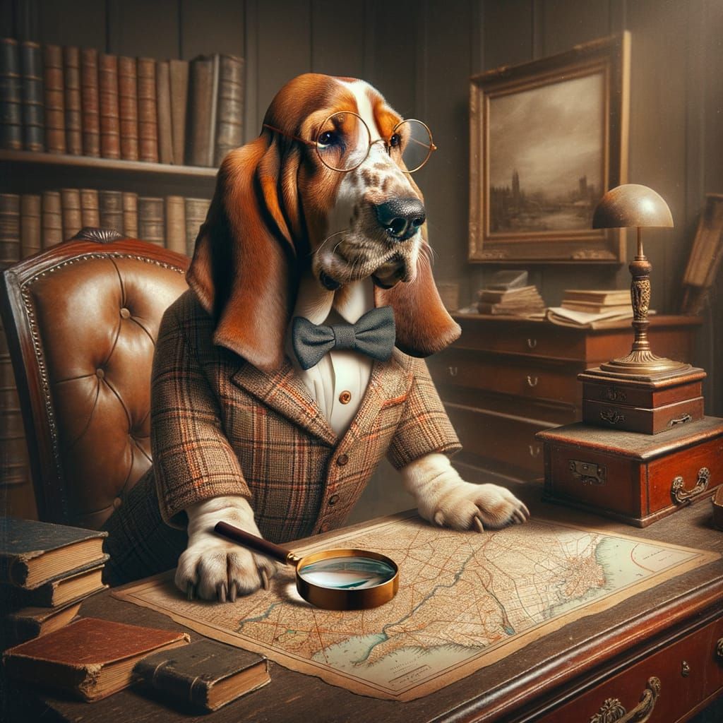 Victorian Basset Hound Examines Map with Magnifying Glass