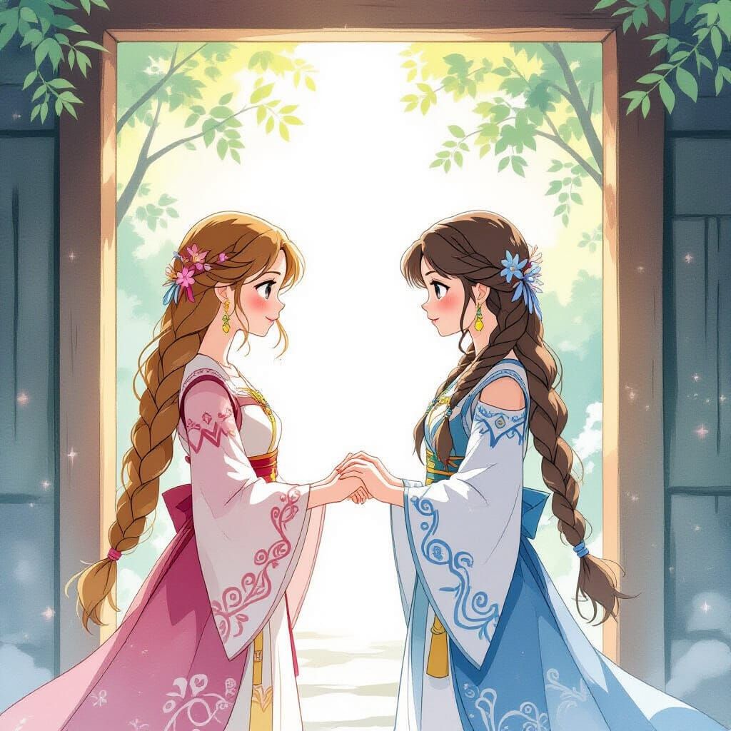 Mystical Women Meet Through Portal in Dreamlike Anime Style