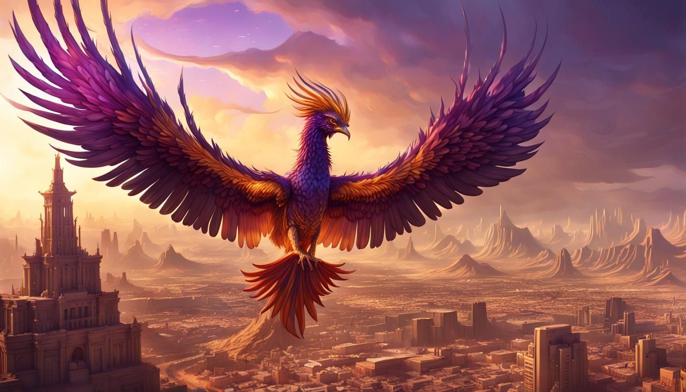 Phoenix Descends on Desert City: Dark Fantasy Art