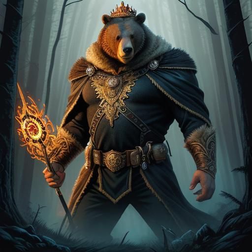 Majestic Bear King in Misty Forest: Comic Book Art