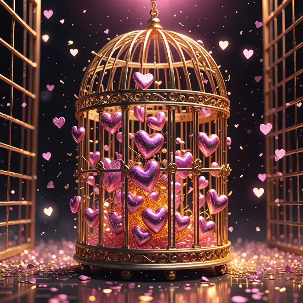 Golden Cage Trapping Love Hearts with Pink & Silver Energy