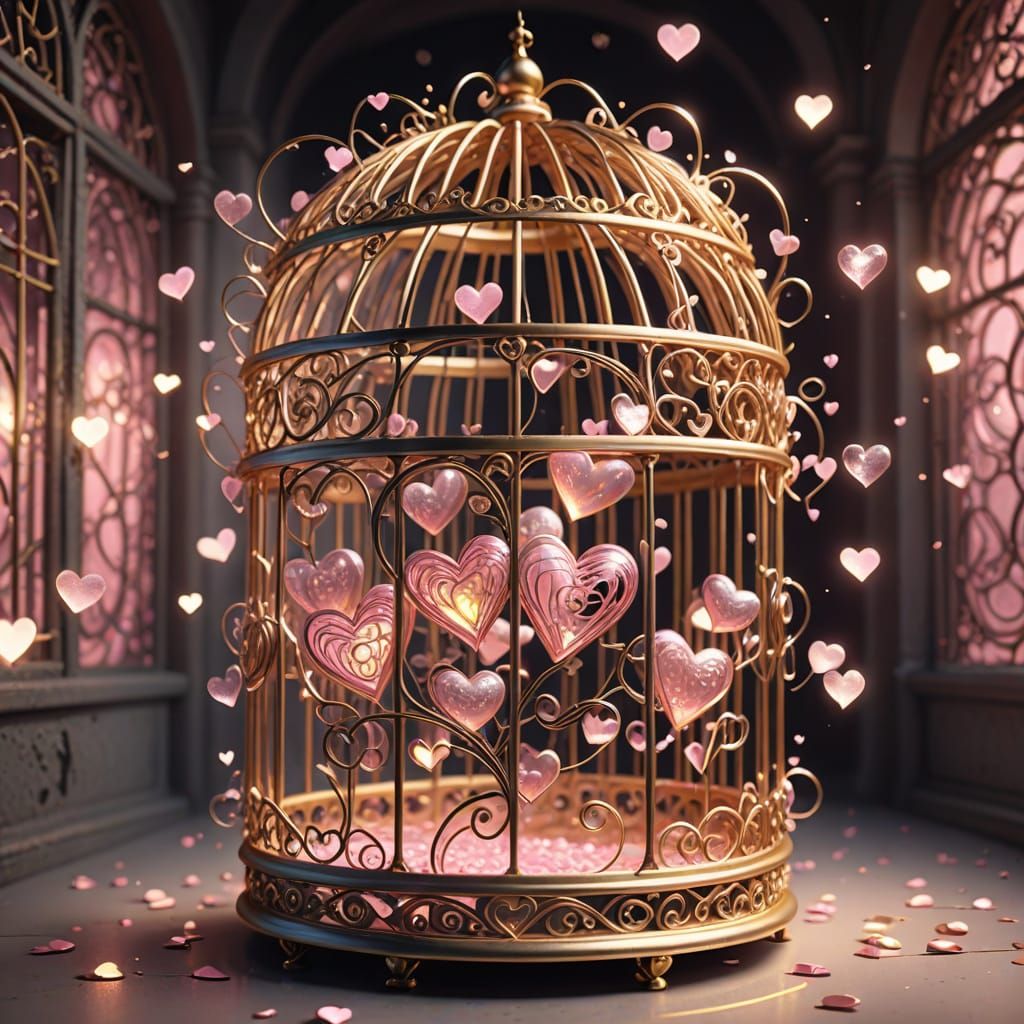 Golden Cage of Love Hearts with Ethereal Energy
