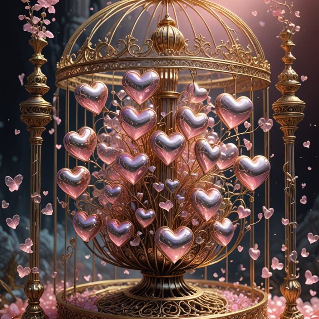 Gilded Hearts in Ornate Cage: Surreal Digital Art