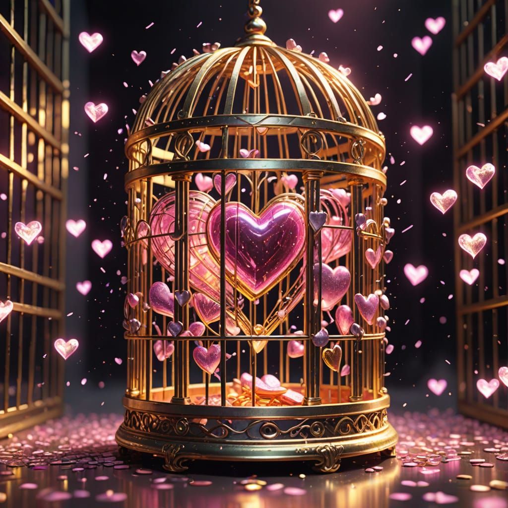 Golden Cage Traps Love Hearts in Vibrant Digital Art