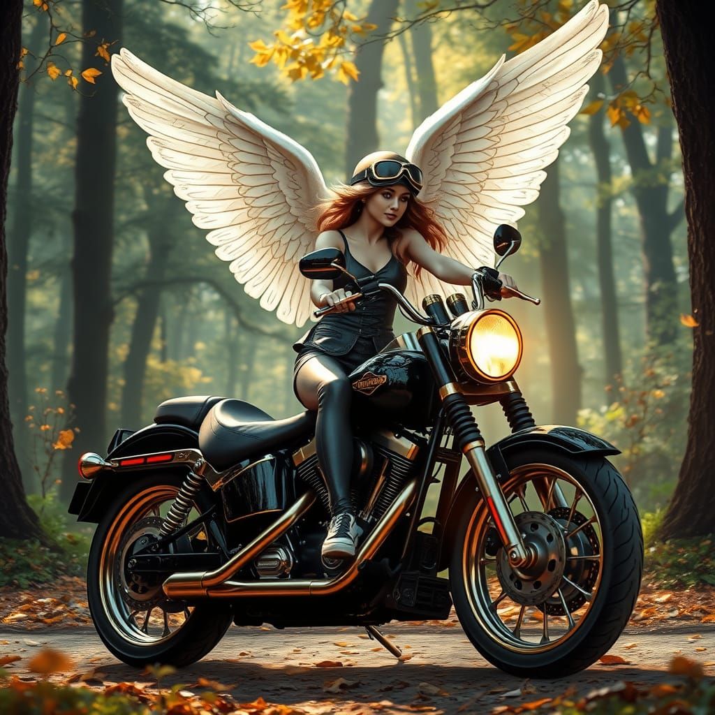 Angel Rides Harley Through Enchanted Forest