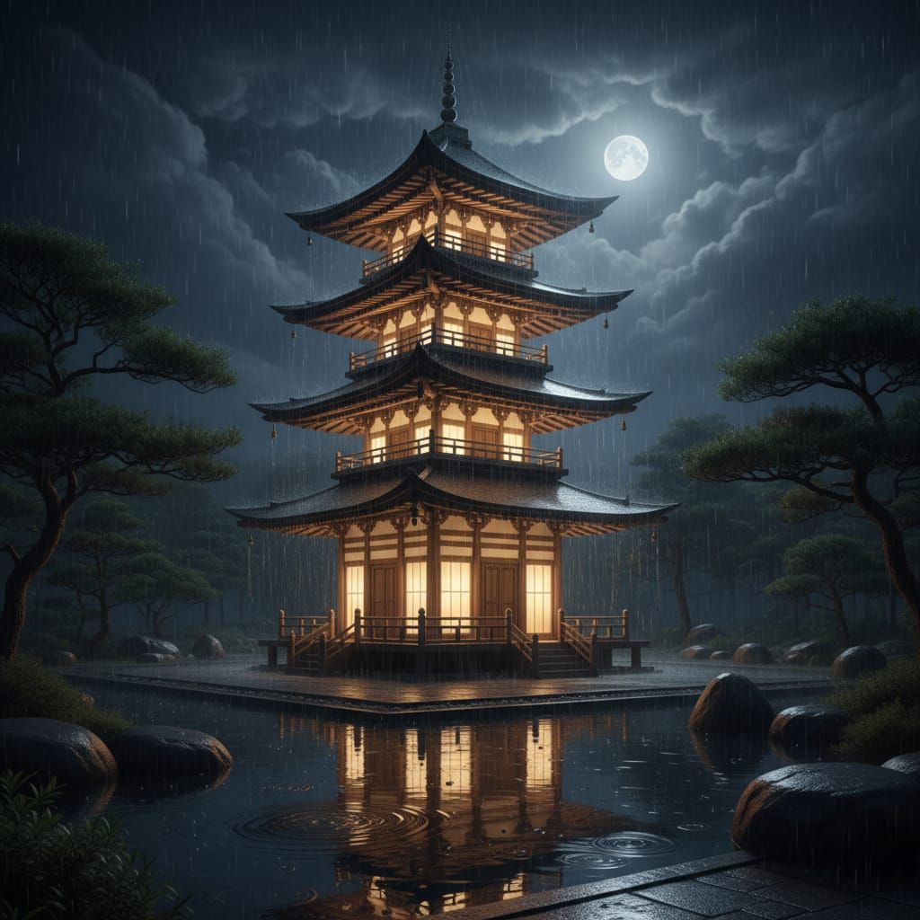 Glass Pagoda in Rain at Night with Warm Light