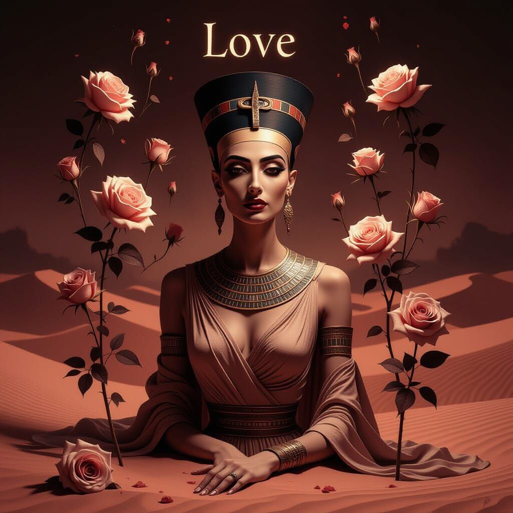 Ethereal Nefertiti with Ghostly Roses in Desert