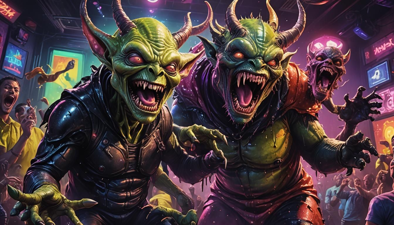 Alien and Demon Duet in Hyperrealistic Splash Art
