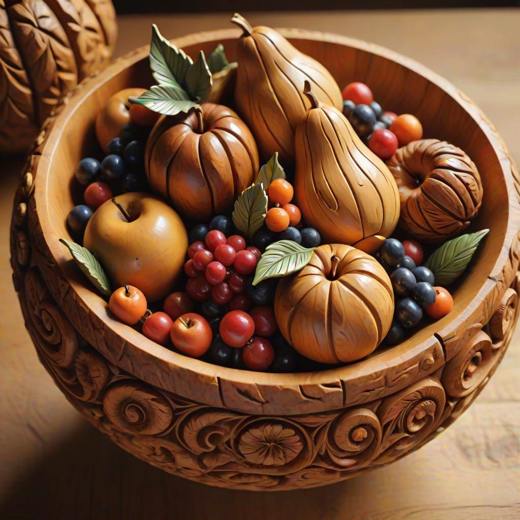 a bowl of fruit made of wood