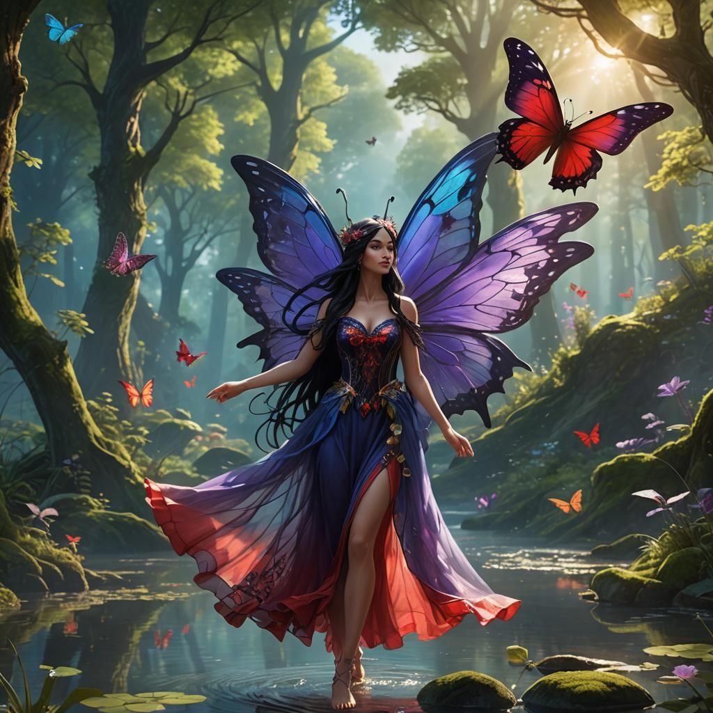 Fairy Goddess with Butterfly Wings in Sunlit Glade