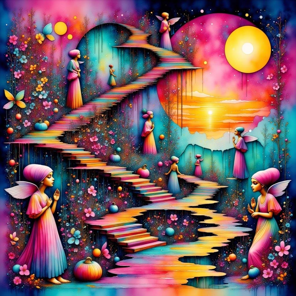 Dreamlike Pilgrims in Vibrant Op-Art Style