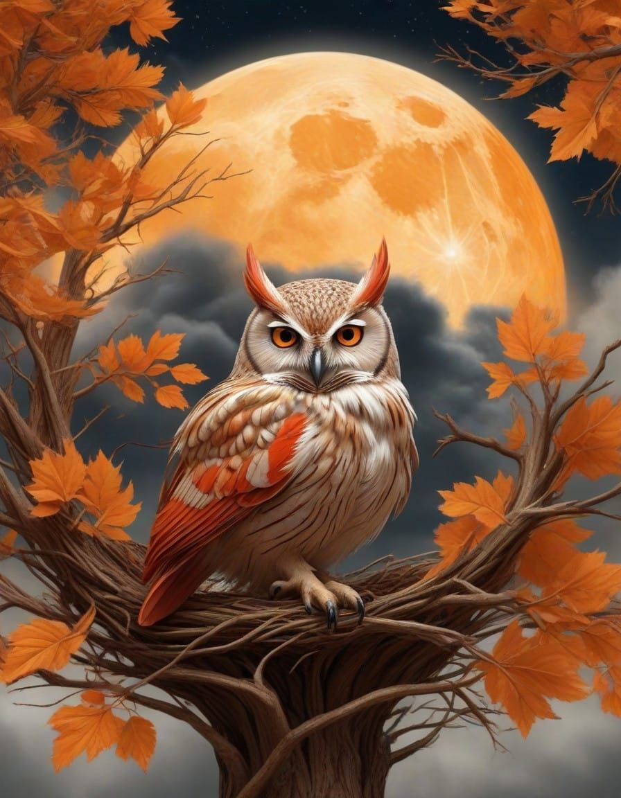 Owl and Cardinal in Vibrant Moonlit Nest