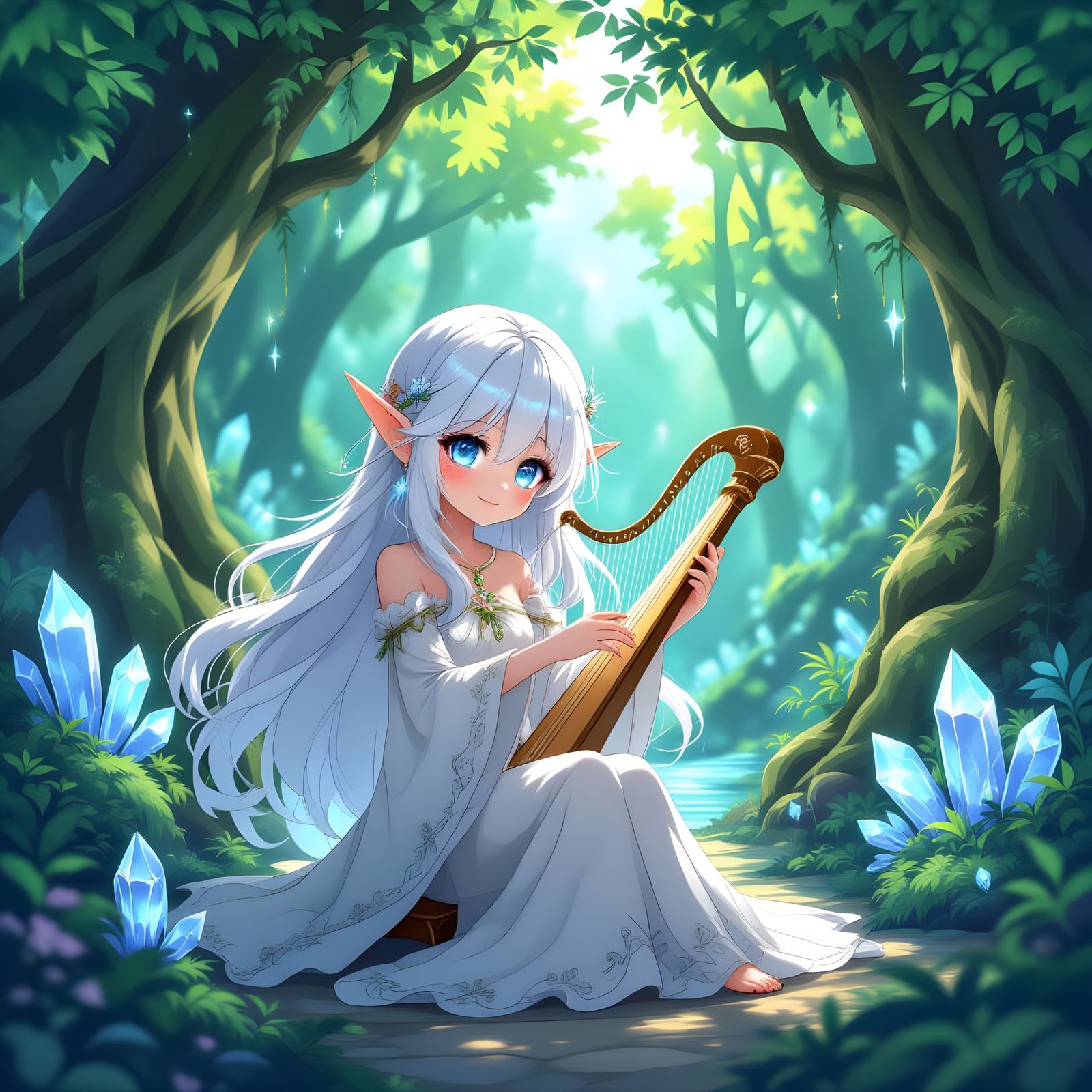 Anime Elf Plays Harp in Crystal Grotto