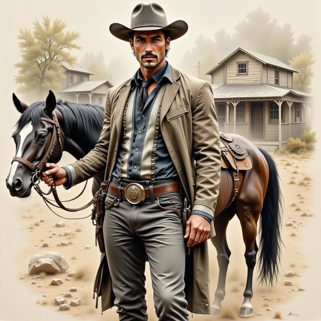 Wild West Man with Horse: 19th Century Pastel Drawing