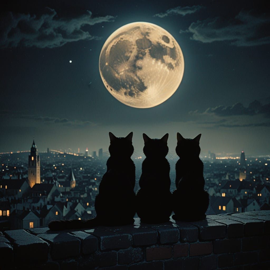 Mysterious Black Cats Contemplate Cityscape Under Golden Moo...