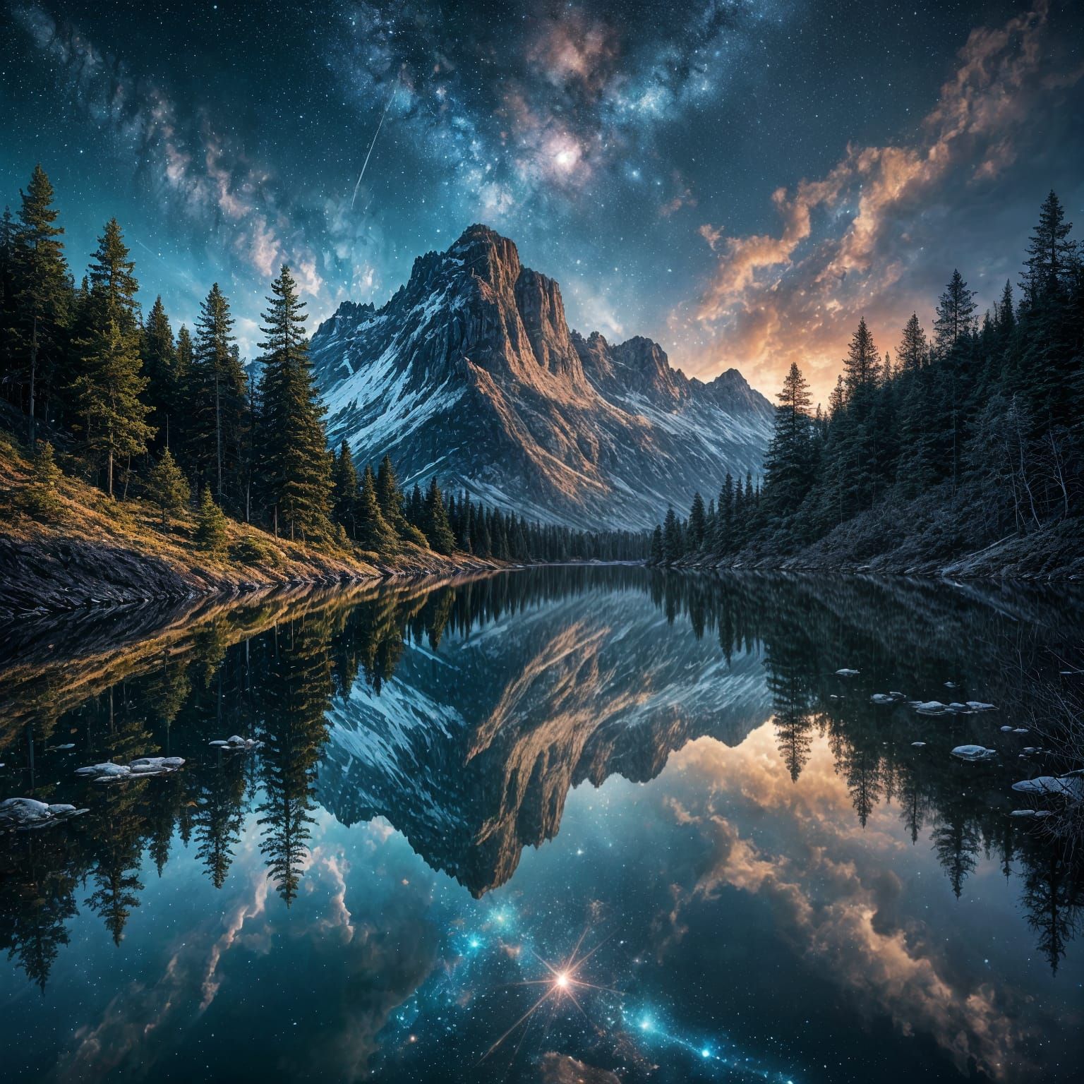 Surreal Landscape with Dual Seasons in Ephemeral Cosmic Sky