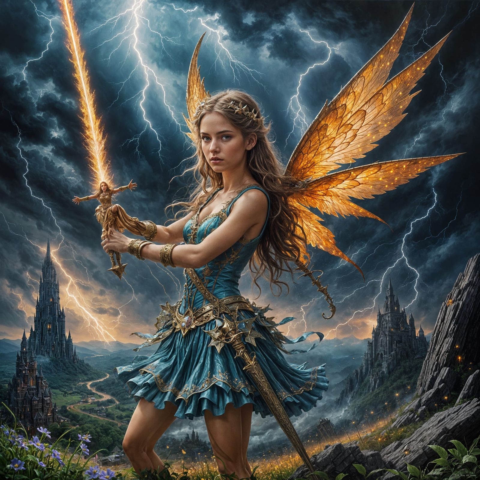 Fairy with Star Sword in Hyperrealistic Folk Art
