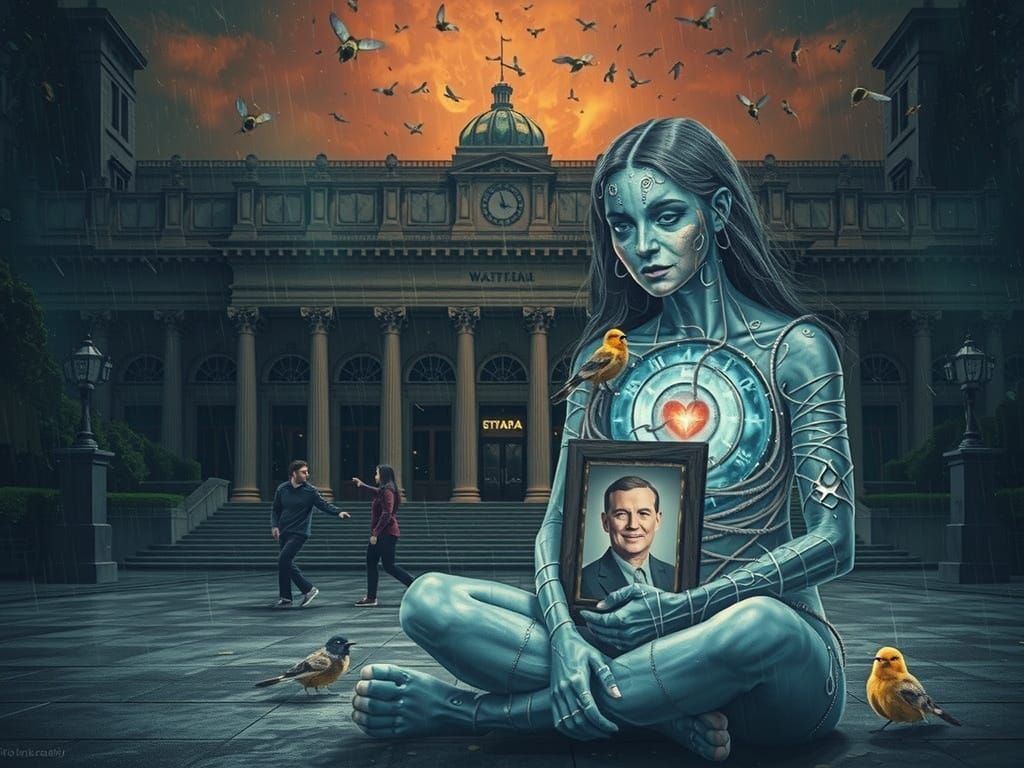 Mystical Shaman Revealing Frozen Oasis in Copper Sky