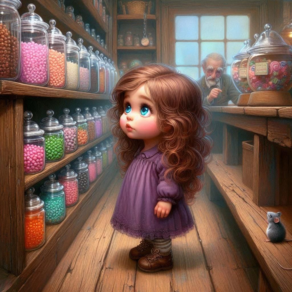 Whimsical Girl in an Old-Fashioned Candy Store