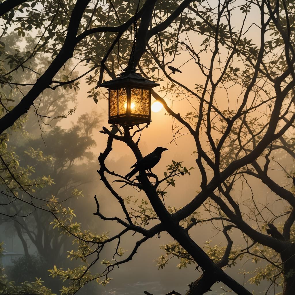 Sunrise Crow and Paradise Lamp on Dead Tree
