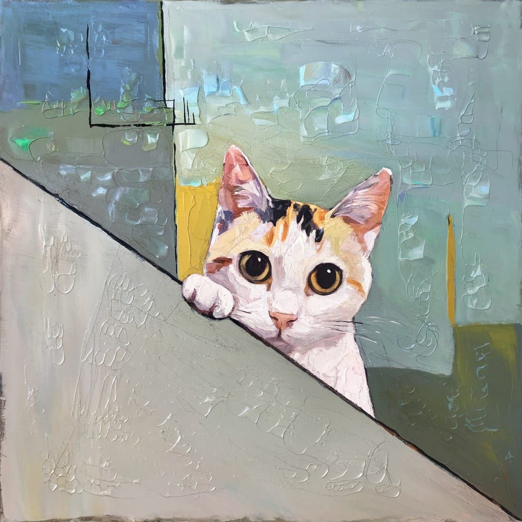 Abstract Acrylic Painting of a Cat Peeking