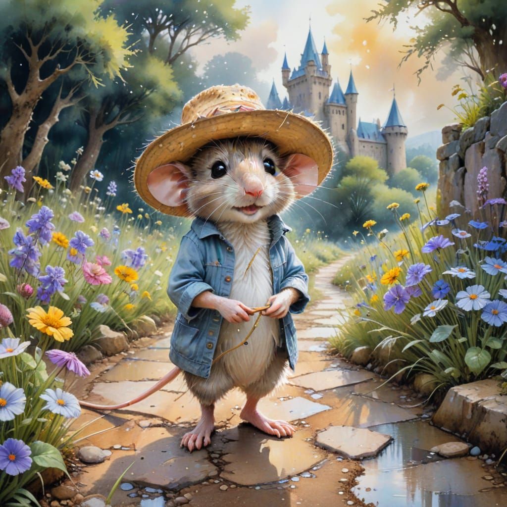 Whimsical Mouse Seeks Fortune at Castle in Watercolour Style