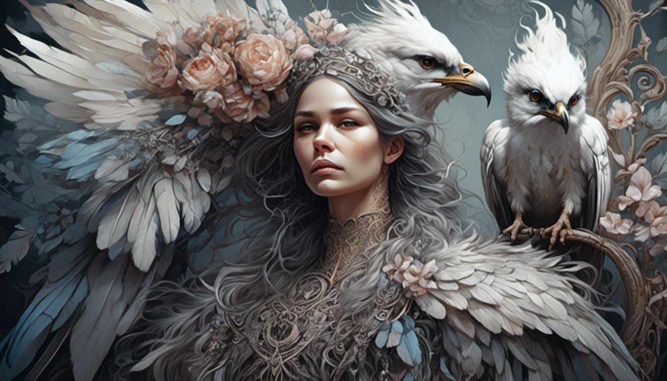 <lora:Flora Fauna Skulls:1.0> Portrait of a beautiful harpy ...