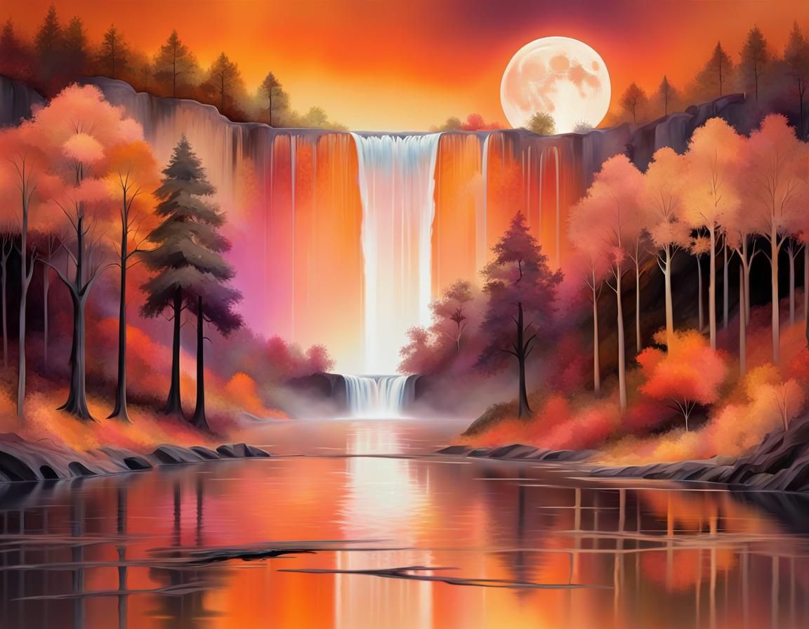 Autumnal Waterfall Landscape in Abstract Expressionist Style