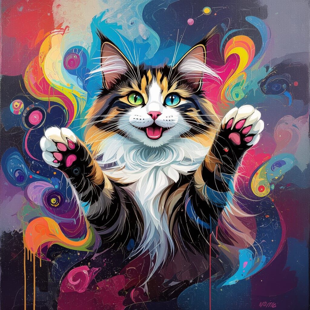 Cartoon Norwegian Forest Cat in Acrylic Drip Style