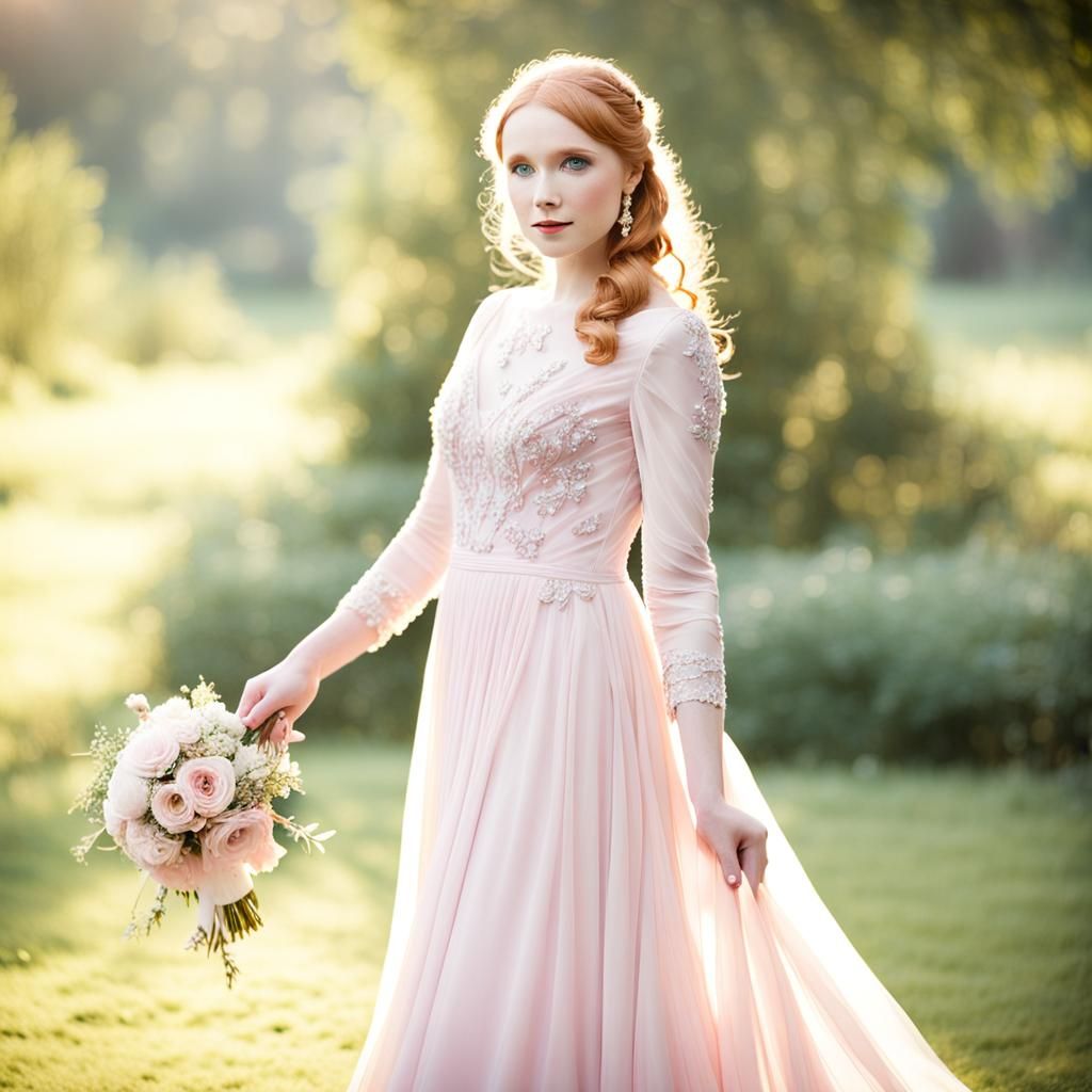 actress Molly C. Quinn in a beautiful light pink chiffon wed...