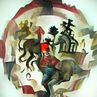 Red Soldier on Horseback in Ink Painting Style