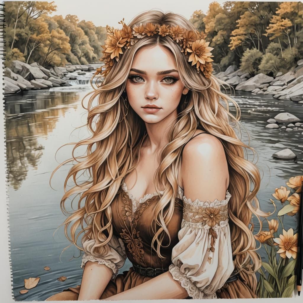 Fantasy Girl with Flower: Hyper-Realistic Sketchbook Art