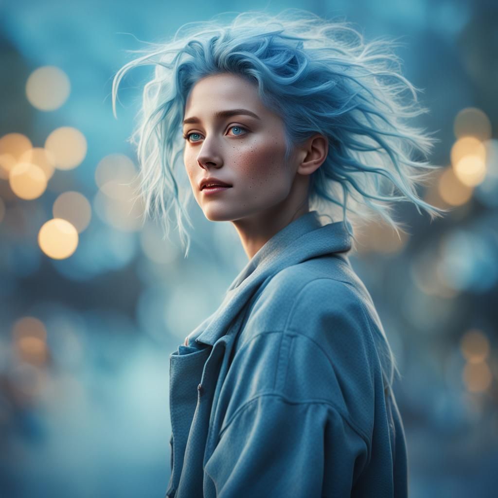 Photorealistic Portrait of a Woman with Blue Hair