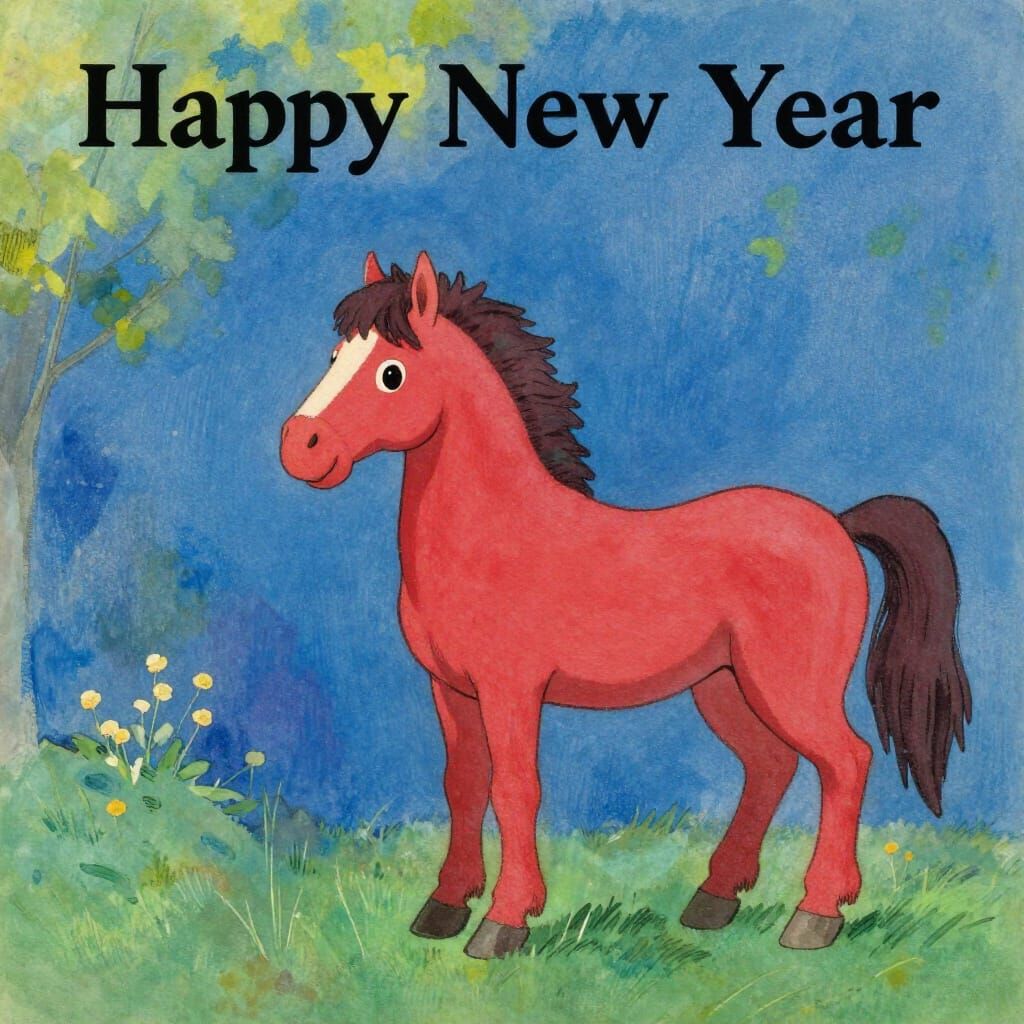 Cute Red Horse Wishes Happy New Year in Chagall Ghibli Style