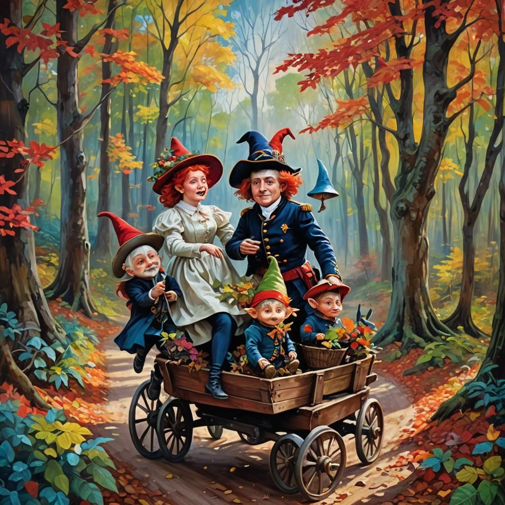 Napoleon Bonaparte and Gnomes in Whimsical Oil Painting